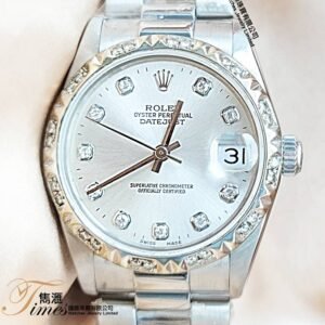 Rolex 18K白金自動日曆銀面石字原裝帶後加金字塔石圈Datejust31 68279