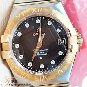 Omega 玖瑰金鋼自動日曆啡面鑽石字透視底原裝帶男裝星座(35mm)