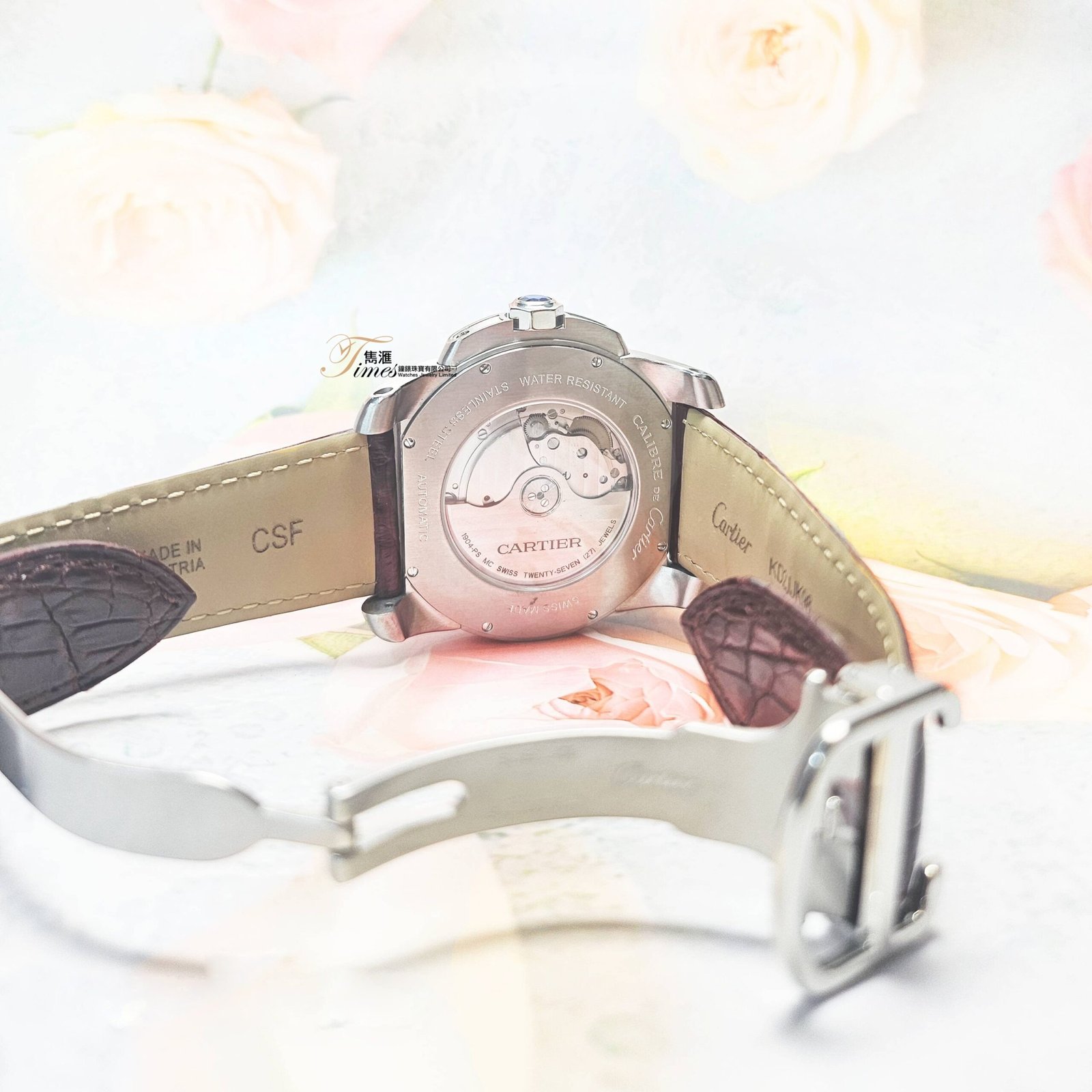 Cartier 鋼自動日曆細三針黑面透視底皮帶摺扣Calibre(42mm) - Image 4