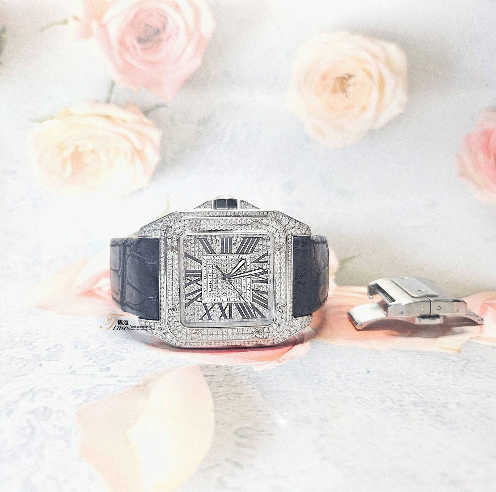 Cartier 99新鋼自動白面羅馬字後加石面石圈石脾男裝皮帶摺扣 Santos 100 - Image 2