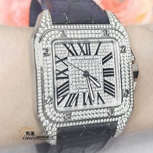 Cartier 99新鋼自動白面羅馬字後加石面石圈石脾男裝皮帶摺扣 Santos 100
