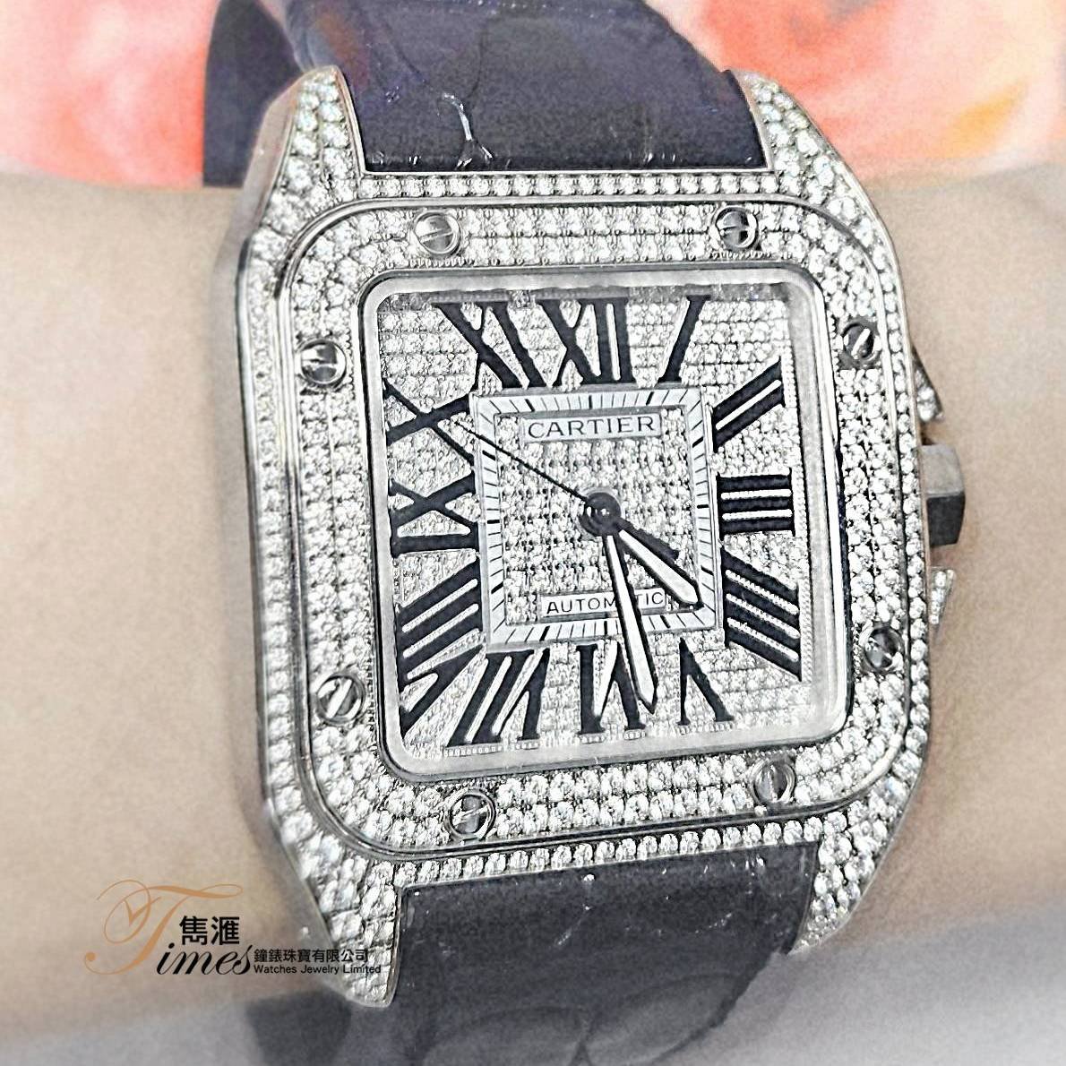 Cartier 99新鋼自動白面羅馬字後加石面石圈石脾男裝皮帶摺扣 Santos 100