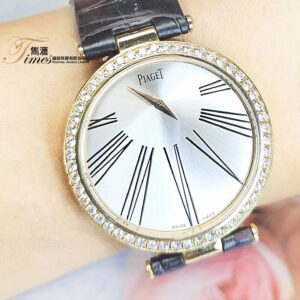 Piaget 18K黃金石英雙錶面原裝鑽石圈銀面羅馬字原裝鑽石扣皮帶Limelight Gala (35mm)