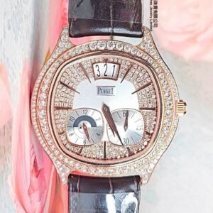 Piaget 18K玫瑰金自動日曆細三針透底GMT後加石面石圈原裝18K摺扣皮帶Polo (42mm)