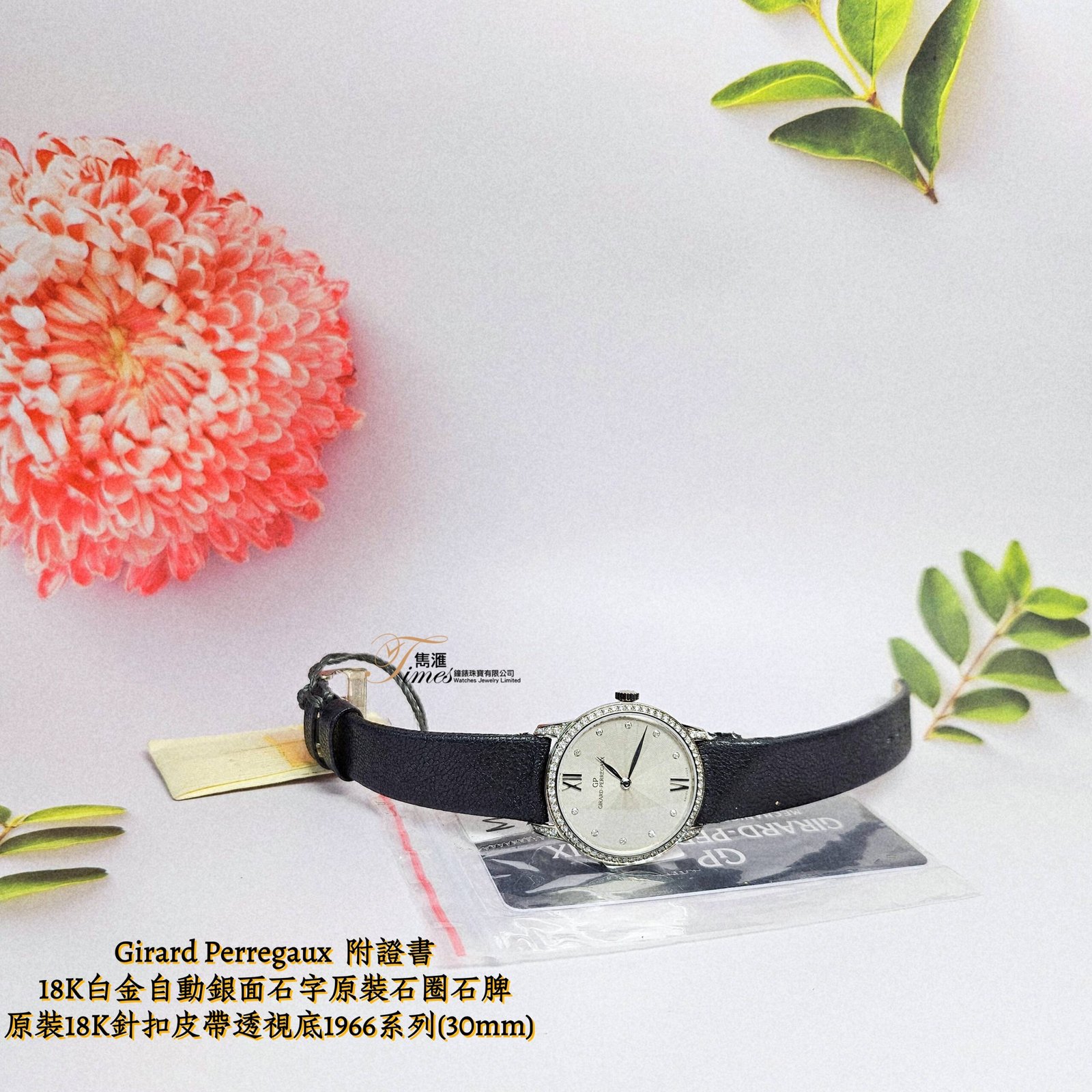 Girard Perregaux 18K白金自動銀面石字原裝石圈石脾原裝18K針扣皮帶透視底1966系列(30mm) - Image 4