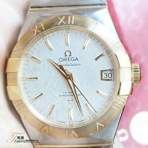 Omega 金鋼自動日曆銀絲面條字透視底原裝帶男裝星座(38mm)