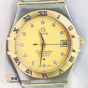 Omega 金鋼自動日曆金面石字金鋼帶男裝星座(35.5mm)