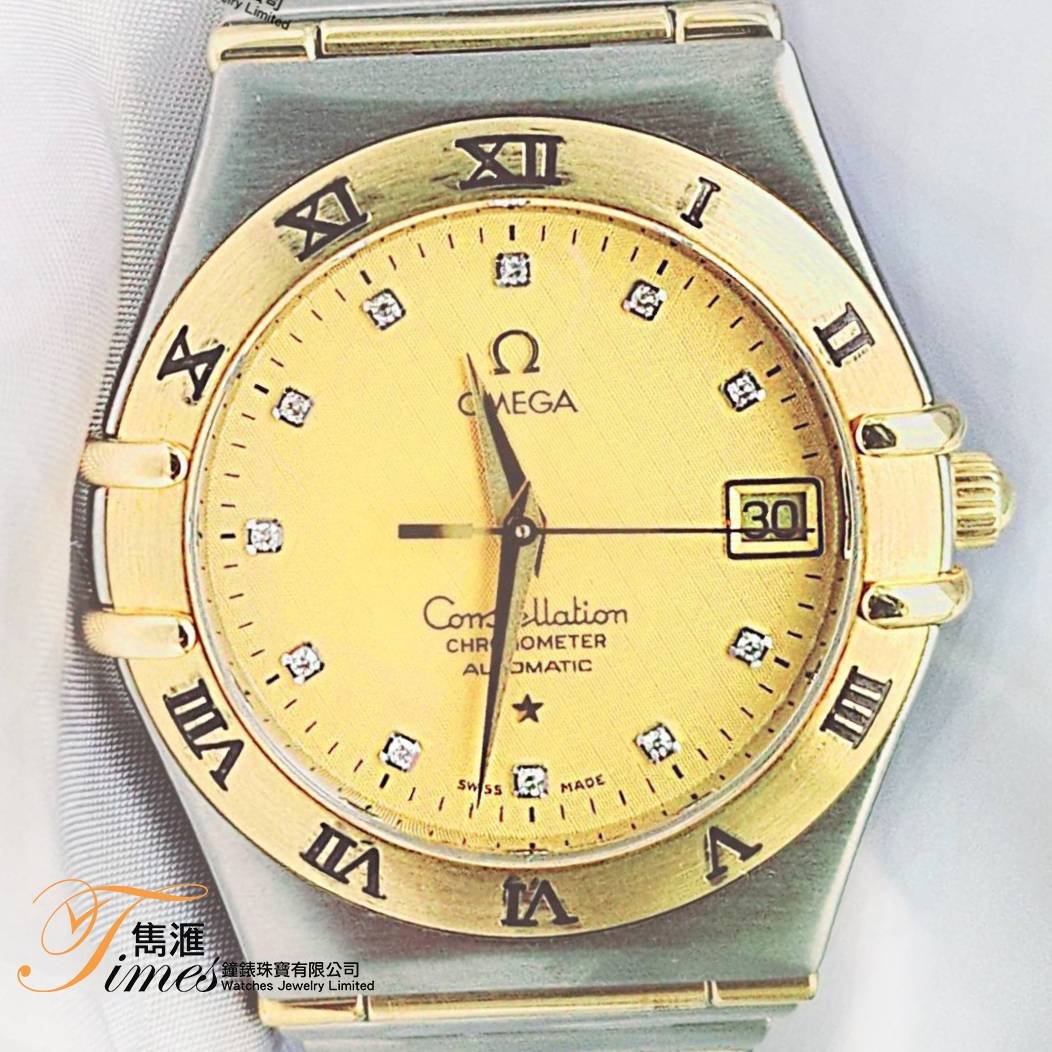 Omega 金鋼自動日曆金面石字金鋼帶男裝星座(35.5mm)