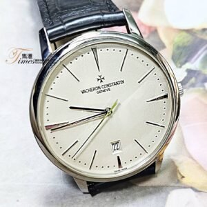 Vacheron Constantin "日內瓦印記Hallmark of Geneva"18K白金自動日期銀面條字透視底原裝K金針扣皮帶Patrimony系列(40mm)