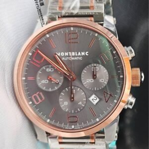 Montblanc 玫瑰金鋼自動日曆灰面計時雙數目字透底金鋼帶timewalker系列(43mm)