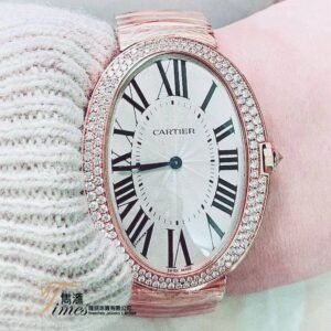Cartier 18K玫瑰金上鍊原裝石圈米面羅馬字透底原裝玫瑰金帶大裝Baignoire