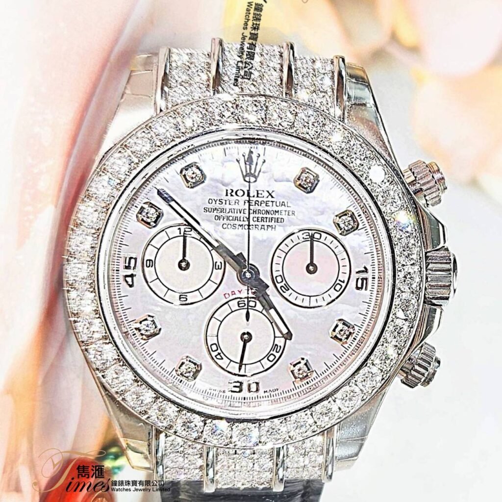 Rolex 18K白金自動計時原裝貝面石字石圈石扻皮帶摺扣Daytona REF:116599RBR