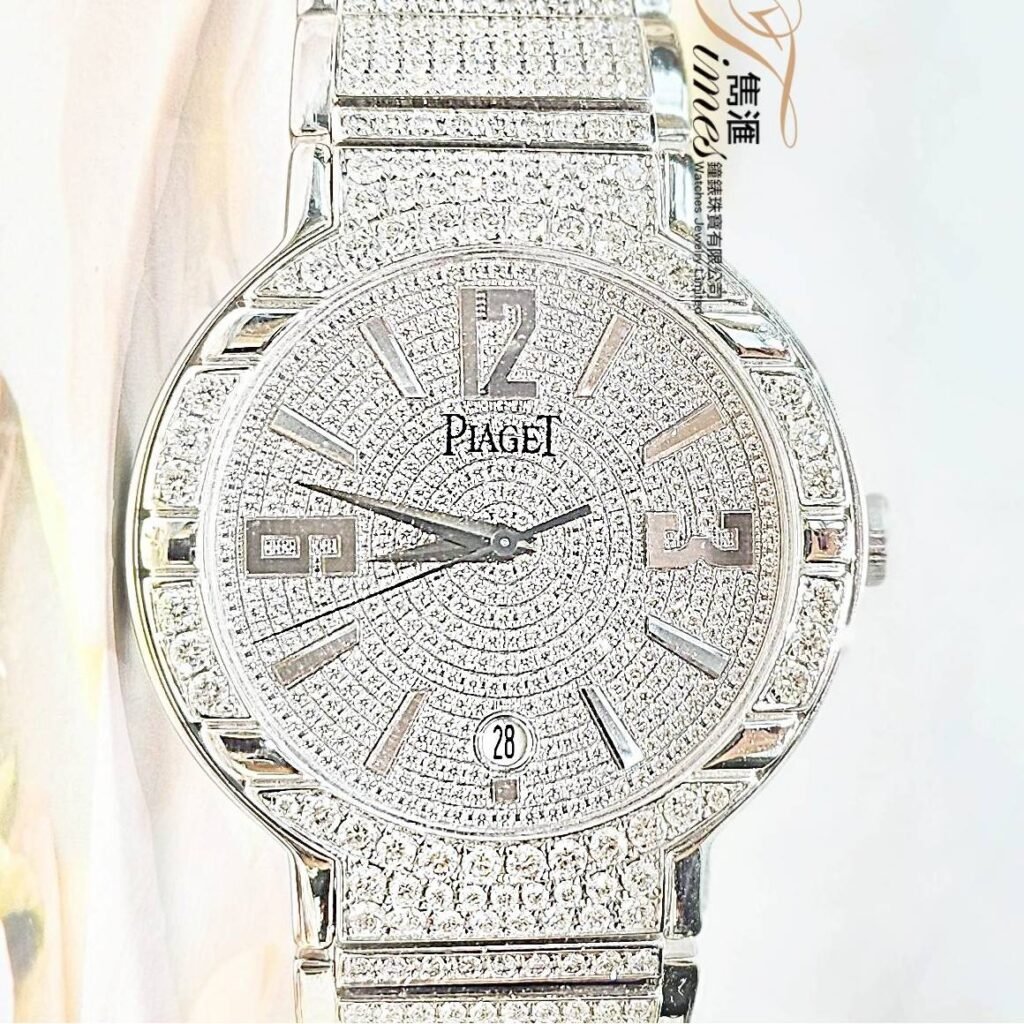 Piaget 18K白金自動日曆後加石面石圈原裝18K白金帶後加石Polo(38mm)
