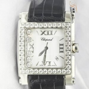 Chopard 鋼石英日曆白面五石珠後加石圈皮帶針扣方型Happy Sport(35mm)