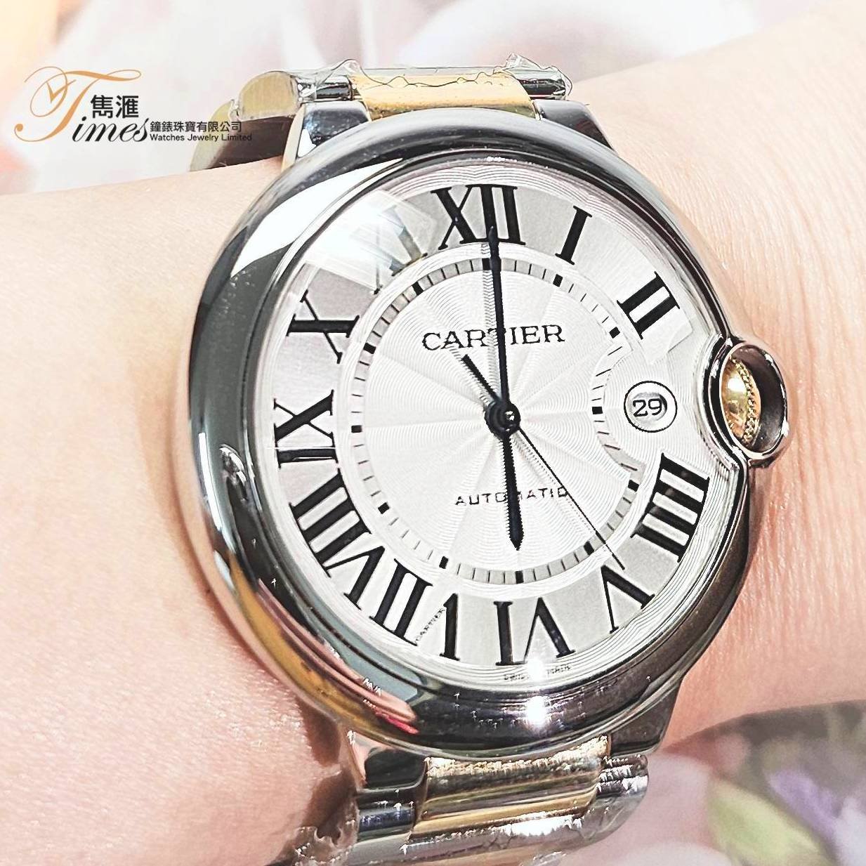 Cartier 金鋼自動日曆米面羅馬字原裝帶大裝Ballon (42mm)