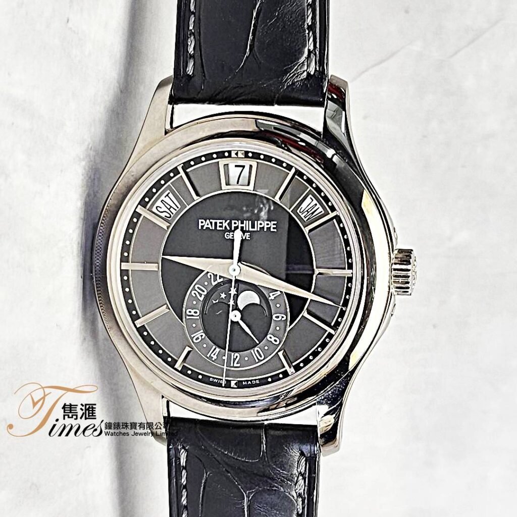 Patek Philippe 18K白金自動日曆星期月份月相GMT黑灰面透視底皮帶針扣年曆 Annual Calendar 5205G (40mm)