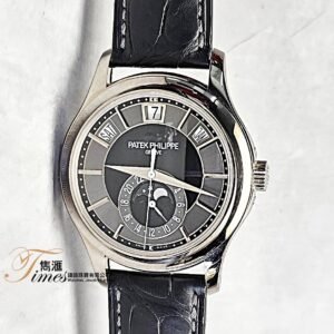 Patek Philippe 18K白金自動日曆星期月份月相GMT黑灰面透視底皮帶針扣年曆 Annual Calendar 5205G (40mm)
