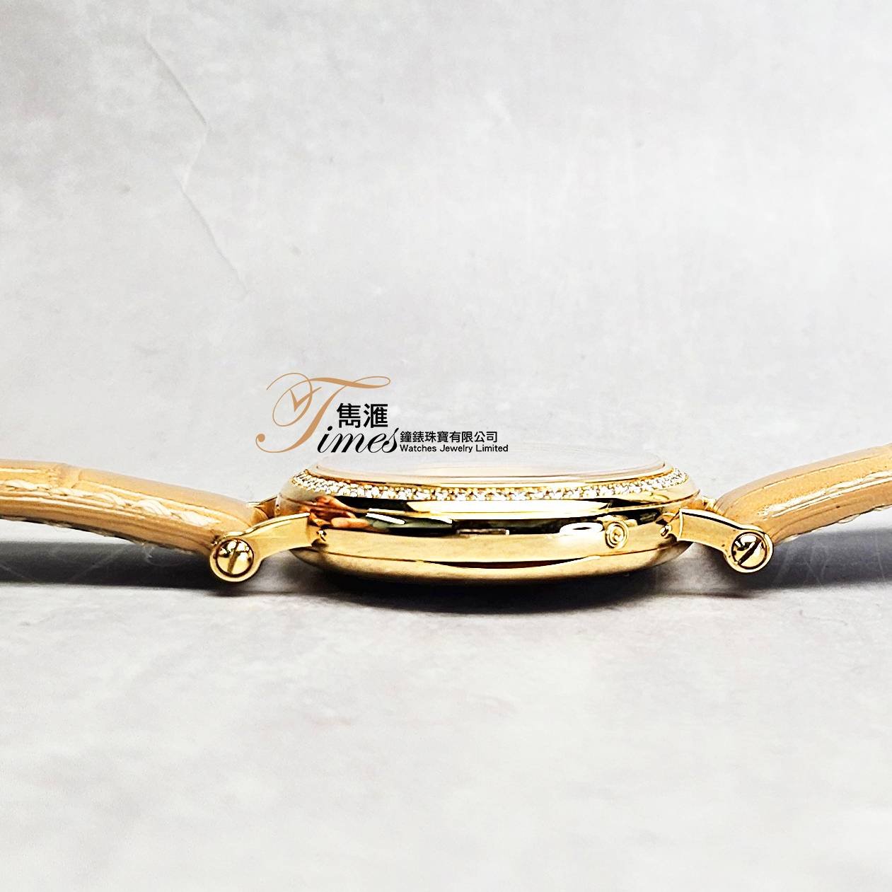 Patek Philippe 18K黃金上鏈米面數目字原裝石圈月相透視底皮帶針扣女裝7121J (33mm) - Image 5