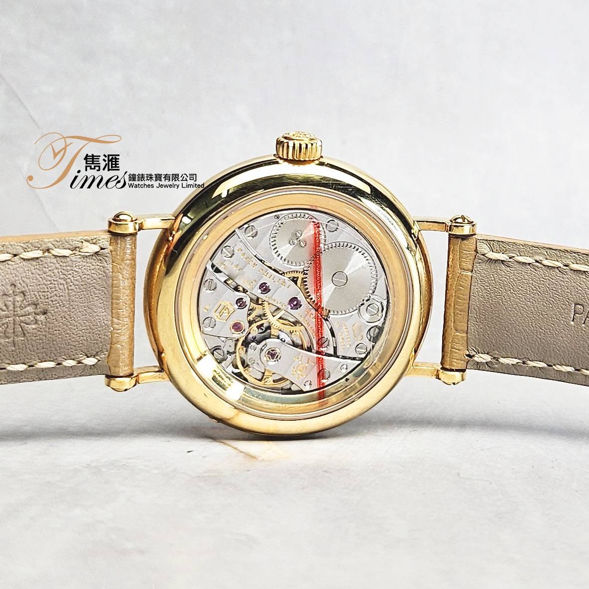 Patek Philippe 18K黃金上鏈米面數目字原裝石圈月相透視底皮帶針扣女裝7121J (33mm) - Image 4