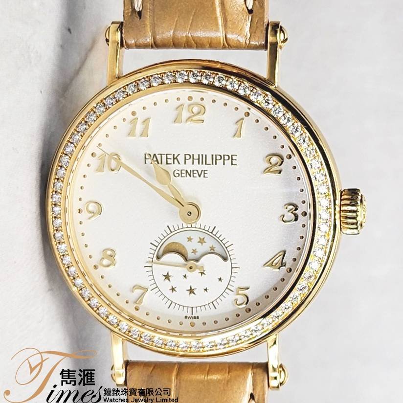 Patek Philippe 18K黃金上鏈米面數目字原裝石圈月相透視底皮帶針扣女裝7121J (33mm)