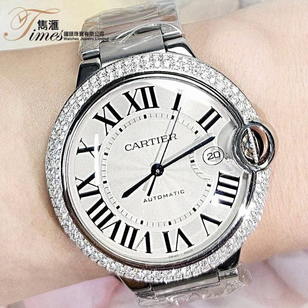 Cartier 鋼自動日曆米面羅馬字後加石圈原裝帶大裝Ballon (42mm)